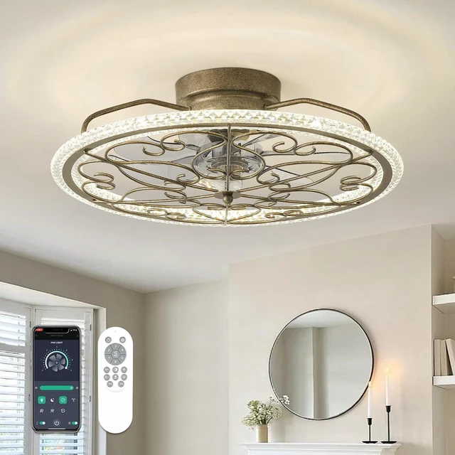 Main image of Low Profile Ceiling Fan with Lights 20" Ceiling Fan with Remote Bladeless Ceiling Fan Boho Vintage Flush Mount Ceiling Fan with Light 3 Color Smart LED Dimmable,Handmade Antique Vintage Silver