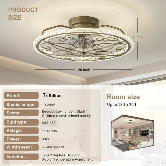 Alt view image 2 of 7 - Low Profile Ceiling Fan with Lights 20" Ceiling Fan with Remote Bladeless Ceiling Fan Boho Vintage Flush Mount Ceiling Fan with Light 3 Color Smart LED Dimmable,Handmade Antique Vintage Silver