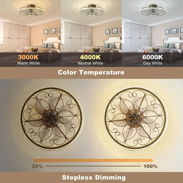 Alt view image 4 of 7 - Low Profile Ceiling Fan with Lights 20" Ceiling Fan with Remote Bladeless Ceiling Fan Boho Vintage Flush Mount Ceiling Fan with Light 3 Color Smart LED Dimmable,Handmade Antique Vintage Silver