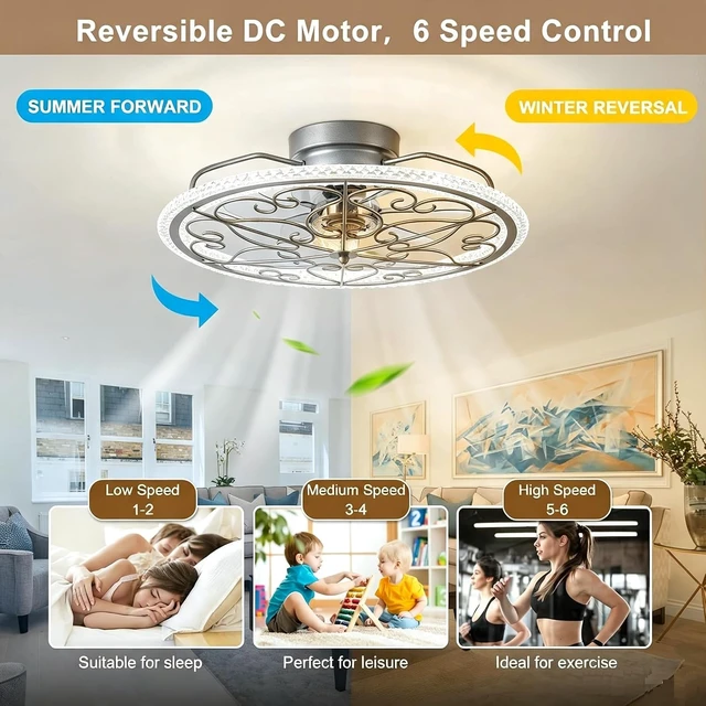 Alt view image 3 of 7 - Low Profile Ceiling Fan with Lights 20" Ceiling Fan with Remote Bladeless Ceiling Fan Boho Vintage Flush Mount Ceiling Fan with Light 3 Color Smart LED Dimmable,Handmade Antique Vintage Silver