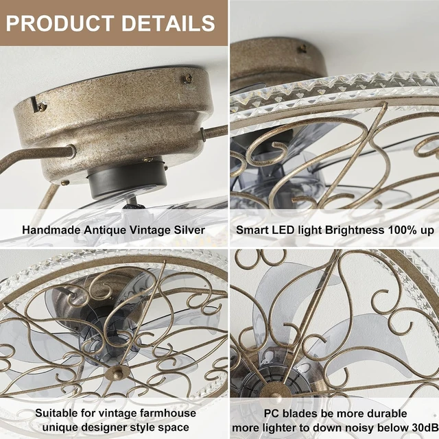 Alt view image 5 of 7 - Low Profile Ceiling Fan with Lights 20" Ceiling Fan with Remote Bladeless Ceiling Fan Boho Vintage Flush Mount Ceiling Fan with Light 3 Color Smart LED Dimmable,Handmade Antique Vintage Silver