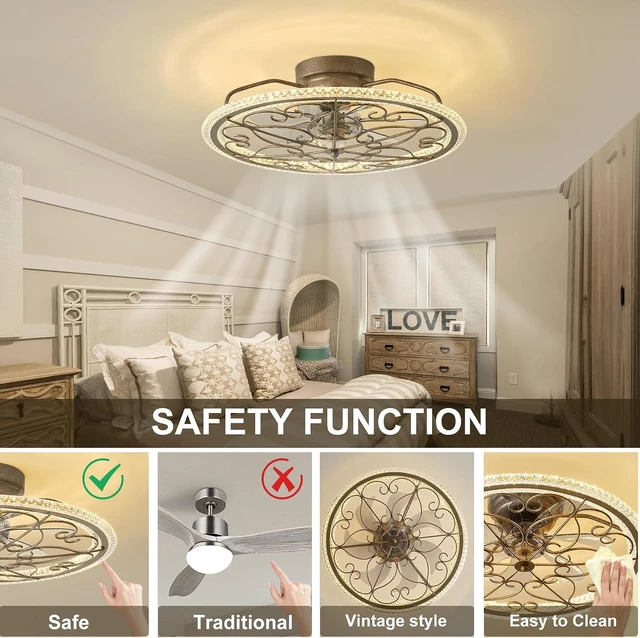 Alt view image 6 of 7 - Low Profile Ceiling Fan with Lights 20" Ceiling Fan with Remote Bladeless Ceiling Fan Boho Vintage Flush Mount Ceiling Fan with Light 3 Color Smart LED Dimmable,Handmade Antique Vintage Silver