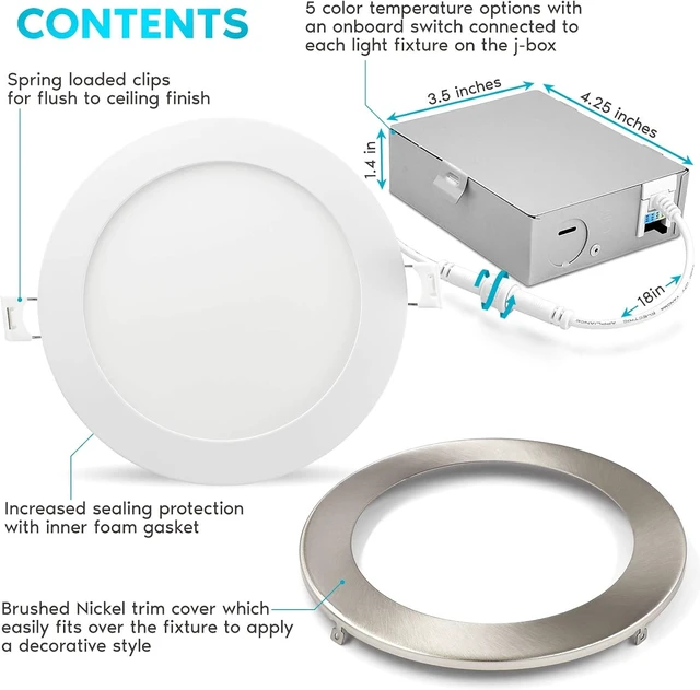 Alt view image 3 of 7 - LUXRITE 6" Ultra Thin LED Recessed Light with J-Box, Brushed Nickel, 4 Pack