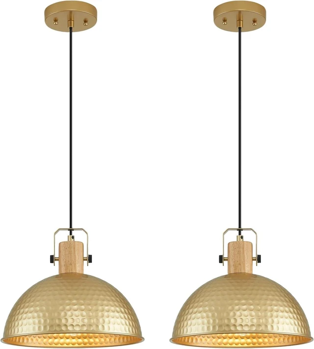 Main image of 12 Inch Gold Pendant Lights Hammered Matte Pendant Lights for Kitchen Island Industrial Farmhouse Adjustable Height Dome Hanging Light Fixtures for Barn, Dining Room 2 Packs