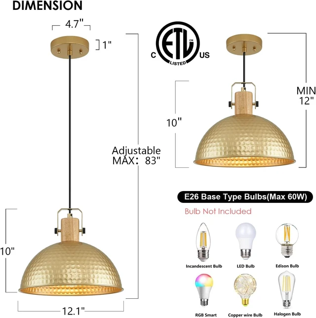 Alt view image 2 of 7 - 12 Inch Gold Pendant Lights Hammered Matte Pendant Lights for Kitchen Island Industrial Farmhouse Adjustable Height Dome Hanging Light Fixtures for Barn, Dining Room 2 Packs