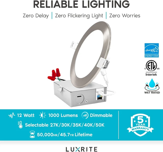 Alt view image 7 of 7 - LUXRITE 6" Ultra Thin LED Recessed Light with J-Box, Brushed Nickel, 4 Pack