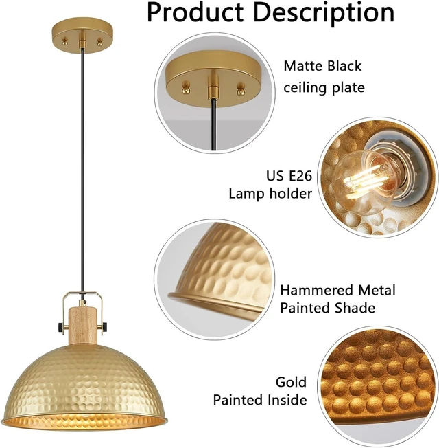 Alt view image 3 of 7 - 12 Inch Gold Pendant Lights Hammered Matte Pendant Lights for Kitchen Island Industrial Farmhouse Adjustable Height Dome Hanging Light Fixtures for Barn, Dining Room 2 Packs