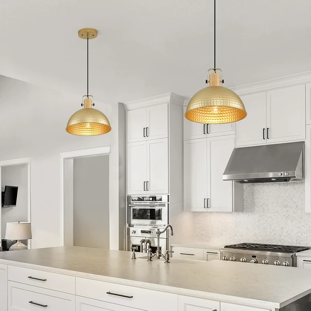 Alt view image 5 of 7 - 12 Inch Gold Pendant Lights Hammered Matte Pendant Lights for Kitchen Island Industrial Farmhouse Adjustable Height Dome Hanging Light Fixtures for Barn, Dining Room 2 Packs