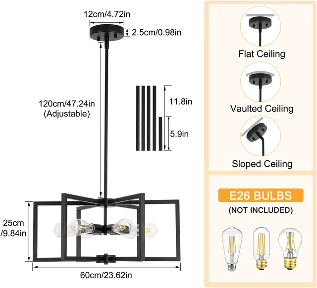 Alt view image 2 of 7 - 23.6 Black Chandelier for Dining Room 6 Light Kitchen Chandelier over Table Farmhouse Dining Room Light Fixtures Over Table,Hanging Pendant Light Fixture with Adjustable Height for Entryway,Foyer