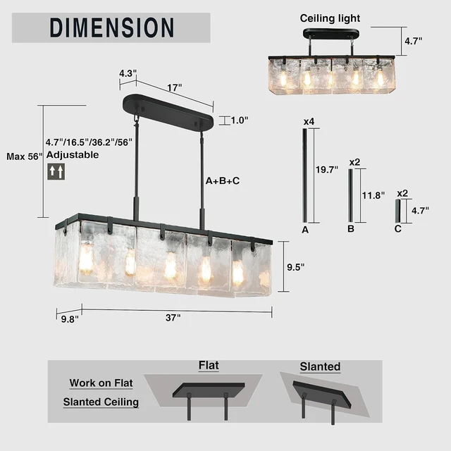 Alt view image 5 of 7 - IKK Modern Textured Glass Chandeliers for Dining Room, 37" Rectangular Island Light Fixture, Rectangle Farmhouse Lighting for Kitchen Island, Living Room, L37 x W9.8 x H9.5