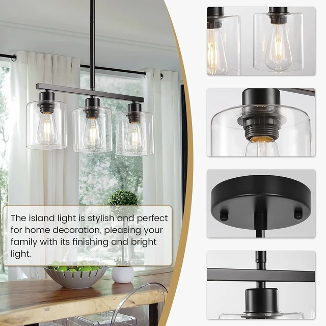 Alt view image 4 of 7 - Black 3-Light Kitchen Island Lighting, Dining Room Light Fixtures