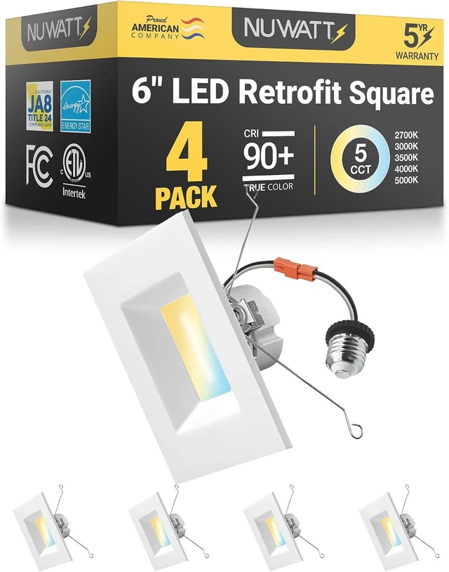 Main image of NUWATT 6 Inch Retrofit LED Square Recessed Lighting, CCT 2700-5000K, 4 Pack