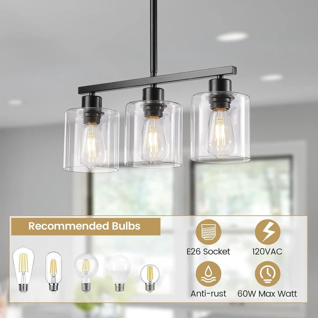 Alt view image 6 of 7 - Black 3-Light Kitchen Island Lighting, Dining Room Light Fixtures