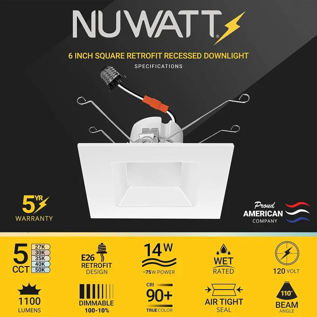 Alt view image 3 of 7 - NUWATT 6 Inch Retrofit LED Square Recessed Lighting, CCT 2700-5000K, 4 Pack
