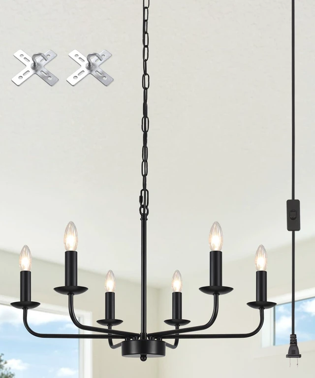 Main image of Plug in Chandeliers Blcak 6-Light Chandelier Lighting with Long Cord