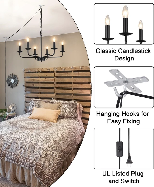 Alt view image 5 of 7 - Plug in Chandeliers Blcak 6-Light Chandelier Lighting with Long Cord