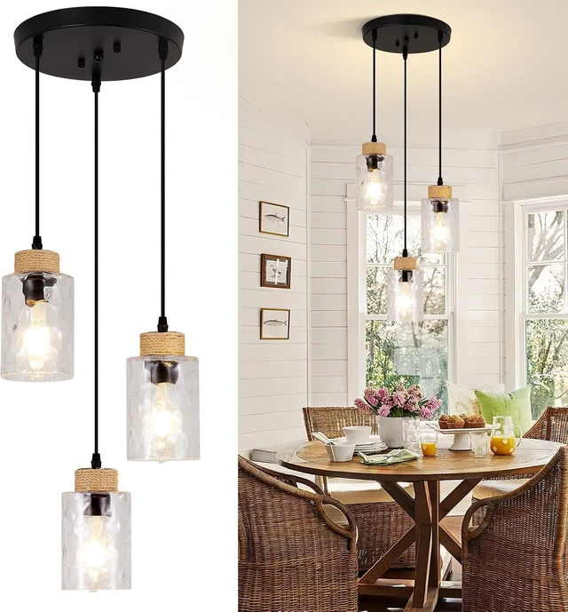 Main image of 3-Light Pendant Light Fixtures, Black Pendant Lights Kitchen Island, Adjustable Pendant Lighting with Clear Hammered Glass Shade, Modern Hanging Light Fixtures for Dining Room, Hallway, Living Room