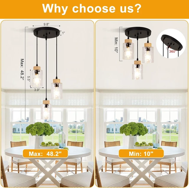 Alt view image 6 of 7 - 3-Light Pendant Light Fixtures, Black Pendant Lights Kitchen Island, Adjustable Pendant Lighting with Clear Hammered Glass Shade, Modern Hanging Light Fixtures for Dining Room, Hallway, Living Room
