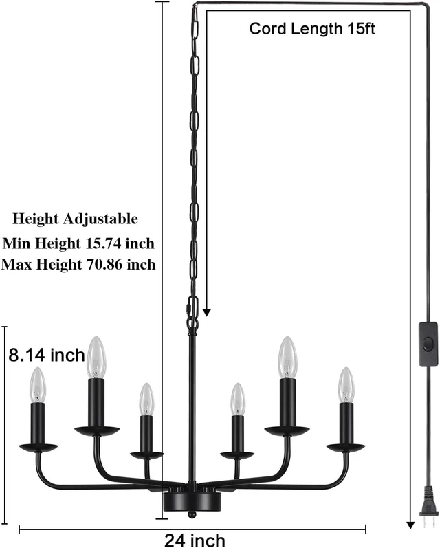 Alt view image 7 of 7 - Plug in Chandeliers Blcak 6-Light Chandelier Lighting with Long Cord