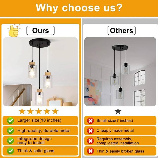 Alt view image 2 of 7 - 3-Light Pendant Light Fixtures, Black Pendant Lights Kitchen Island, Adjustable Pendant Lighting with Clear Hammered Glass Shade, Modern Hanging Light Fixtures for Dining Room, Hallway, Living Room