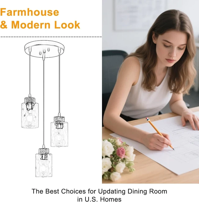 Alt view image 7 of 7 - 3-Light Pendant Light Fixtures, Black Pendant Lights Kitchen Island, Adjustable Pendant Lighting with Clear Hammered Glass Shade, Modern Hanging Light Fixtures for Dining Room, Hallway, Living Room