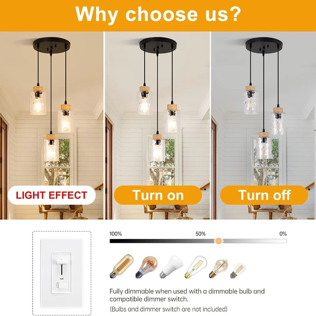 Alt view image 5 of 7 - 3-Light Pendant Light Fixtures, Black Pendant Lights Kitchen Island, Adjustable Pendant Lighting with Clear Hammered Glass Shade, Modern Hanging Light Fixtures for Dining Room, Hallway, Living Room