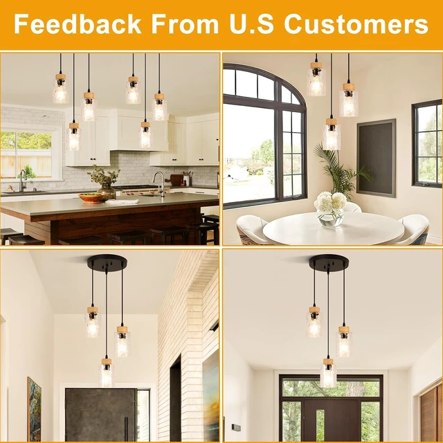 Alt view image 4 of 7 - 3-Light Pendant Light Fixtures, Black Pendant Lights Kitchen Island, Adjustable Pendant Lighting with Clear Hammered Glass Shade, Modern Hanging Light Fixtures for Dining Room, Hallway, Living Room