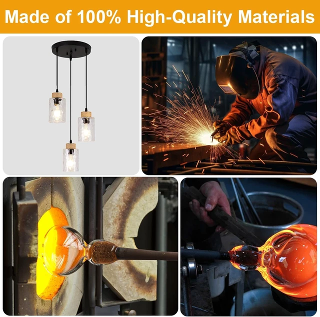 Alt view image 3 of 7 - 3-Light Pendant Light Fixtures, Black Pendant Lights Kitchen Island, Adjustable Pendant Lighting with Clear Hammered Glass Shade, Modern Hanging Light Fixtures for Dining Room, Hallway, Living Room