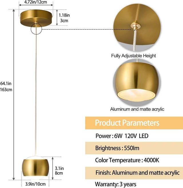 Alt view image 3 of 7 - Modern LED Dimmable Pendant Light fixtures,Mini Island Pendant Lighting for Kitchen Island Dinning Room,Bedroom,Bar, Kitchen Island Ceiling Hanging Light Fixtures(gold-1-Pack)