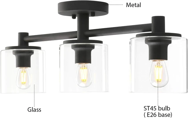 Alt view image 5 of 7 - Pathson 3-Light Semi Flush Mount Ceiling Light, Industrial Pendant Lighting Fixture with Glass Shade, Ceiling Chandelier Lamp for Hallway Loft Kitchen Bar