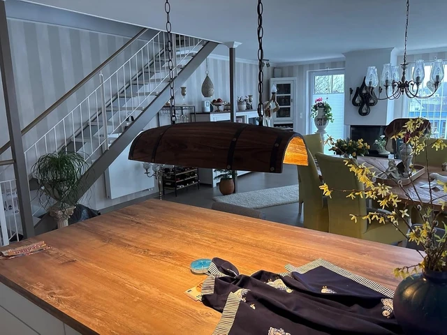 Alt view image 3 of 6 - Antique Wood Wine Barrel Pendant Light