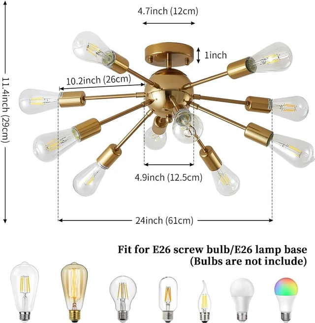 Alt view image 2 of 7 - 10-Light Gold Sputnik Chandelier Mid Century Modern Semi Flush Mount Ceiling Light: Brushed Brass, Dining, Living, Bedroom & Kids Rooms, Kitchen & Bar