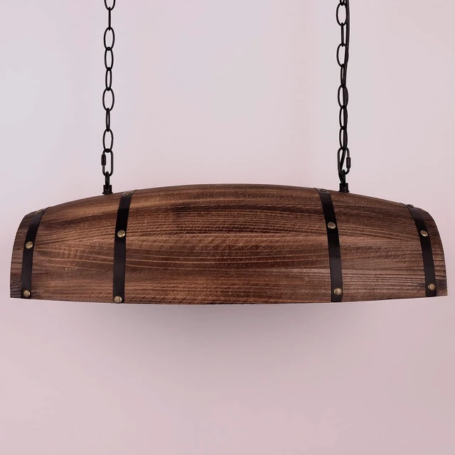 Alt view image 6 of 6 - Antique Wood Wine Barrel Pendant Light