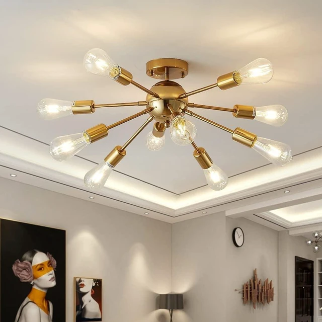 Main image of 10-Light Gold Sputnik Chandelier Mid Century Modern Semi Flush Mount Ceiling Light: Brushed Brass, Dining, Living, Bedroom & Kids Rooms, Kitchen & Bar