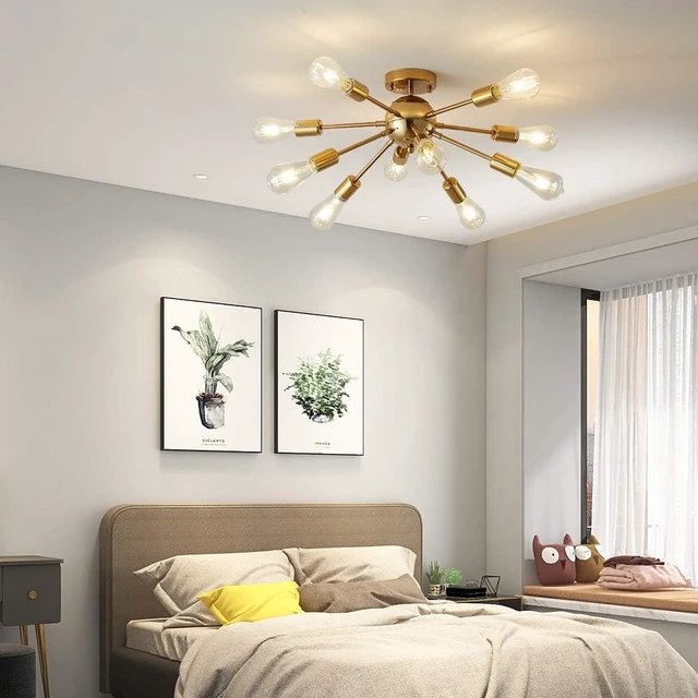 Alt view image 3 of 7 - 10-Light Gold Sputnik Chandelier Mid Century Modern Semi Flush Mount Ceiling Light: Brushed Brass, Dining, Living, Bedroom & Kids Rooms, Kitchen & Bar