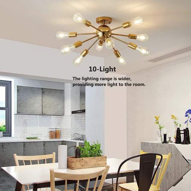 Alt view image 6 of 7 - 10-Light Gold Sputnik Chandelier Mid Century Modern Semi Flush Mount Ceiling Light: Brushed Brass, Dining, Living, Bedroom & Kids Rooms, Kitchen & Bar