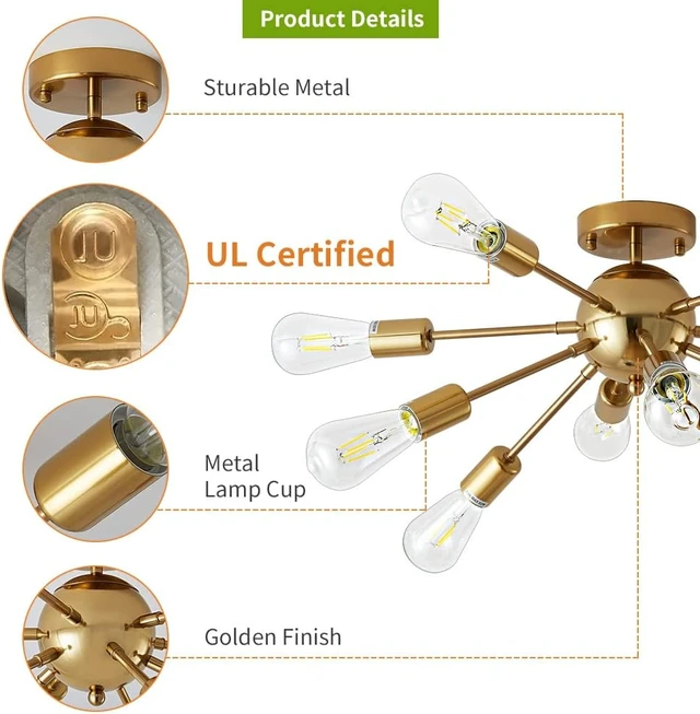 Alt view image 5 of 7 - 10-Light Gold Sputnik Chandelier Mid Century Modern Semi Flush Mount Ceiling Light: Brushed Brass, Dining, Living, Bedroom & Kids Rooms, Kitchen & Bar