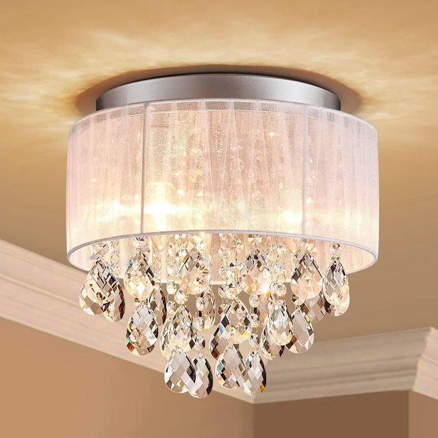 Alt view image 2 of 7 - Shrine Lighting Crystal Chandeliers, Modern Design, Ceiling Light Fixture for Living Space, D13'' x H14'', E12*3 Sockets, White Fabric Lampshade&Chrome Finish Frame