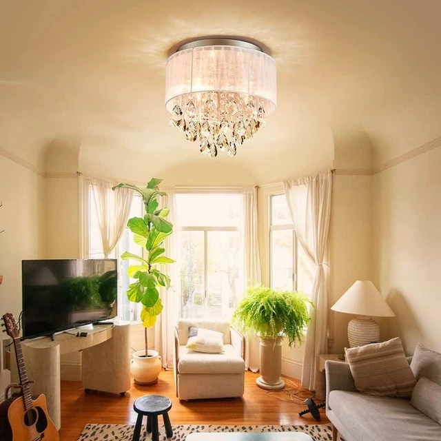 Alt view image 5 of 7 - Shrine Lighting Crystal Chandeliers, Modern Design, Ceiling Light Fixture for Living Space, D13'' x H14'', E12*3 Sockets, White Fabric Lampshade&Chrome Finish Frame
