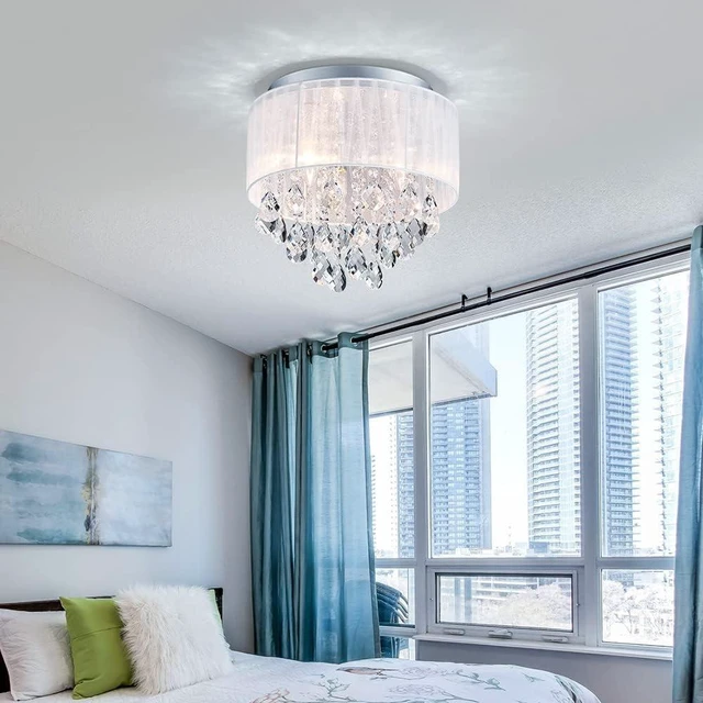 Alt view image 6 of 7 - Shrine Lighting Crystal Chandeliers, Modern Design, Ceiling Light Fixture for Living Space, D13'' x H14'', E12*3 Sockets, White Fabric Lampshade&Chrome Finish Frame
