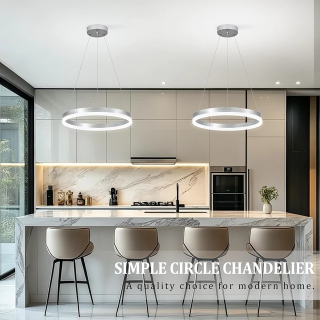 Alt view image 2 of 7 - 20" Modern Nickel Led Chandelier Ring Dimmable LED Chandeliers with Remote Control for Kitchen Island Height Adjustable Chandelier Led Pendant Light for Living Room Dining Room Bedroom Foyer