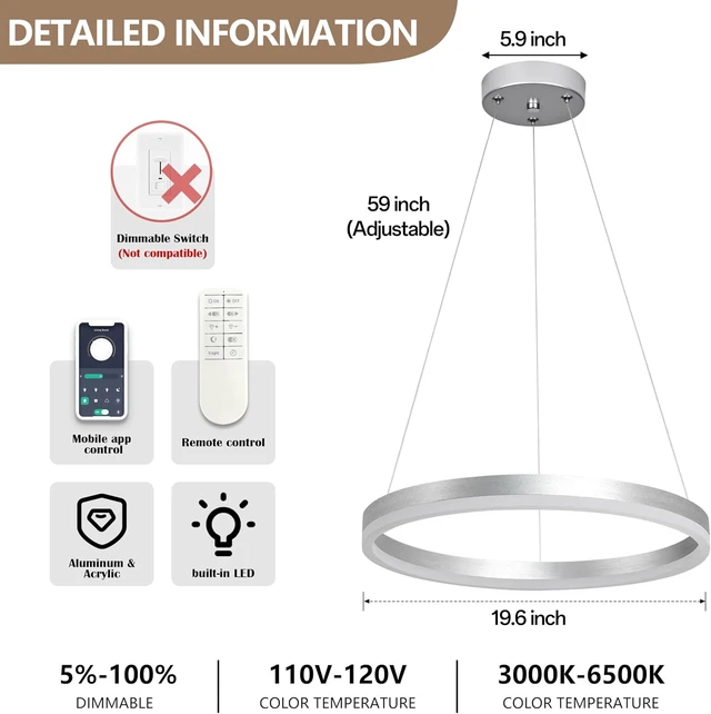 Alt view image 4 of 7 - 20" Modern Nickel Led Chandelier Ring Dimmable LED Chandeliers with Remote Control for Kitchen Island Height Adjustable Chandelier Led Pendant Light for Living Room Dining Room Bedroom Foyer