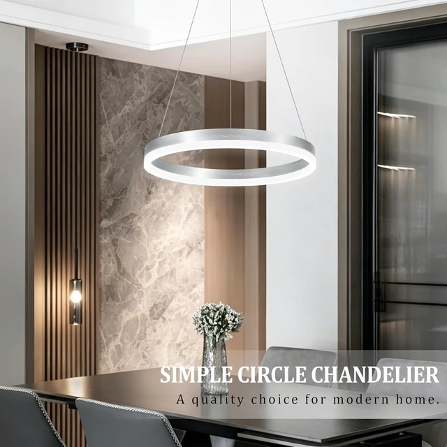 Alt view image 3 of 7 - 20" Modern Nickel Led Chandelier Ring Dimmable LED Chandeliers with Remote Control for Kitchen Island Height Adjustable Chandelier Led Pendant Light for Living Room Dining Room Bedroom Foyer