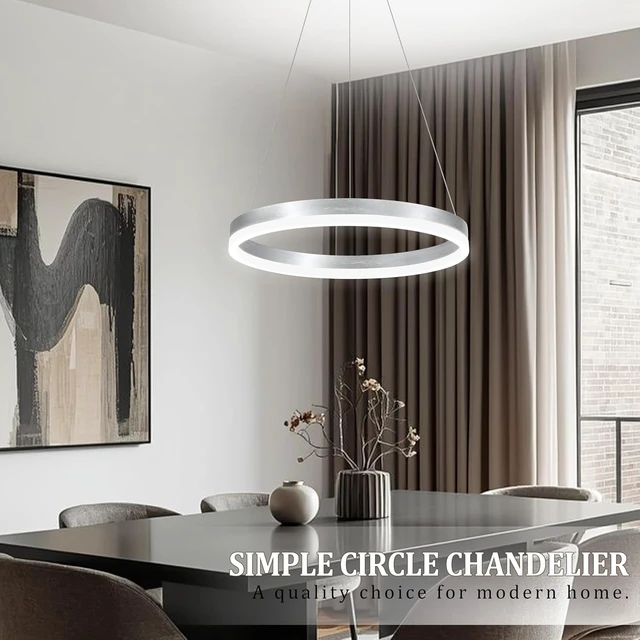 Alt view image 7 of 7 - 20" Modern Nickel Led Chandelier Ring Dimmable LED Chandeliers with Remote Control for Kitchen Island Height Adjustable Chandelier Led Pendant Light for Living Room Dining Room Bedroom Foyer