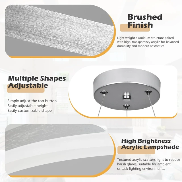Alt view image 6 of 7 - 20" Modern Nickel Led Chandelier Ring Dimmable LED Chandeliers with Remote Control for Kitchen Island Height Adjustable Chandelier Led Pendant Light for Living Room Dining Room Bedroom Foyer