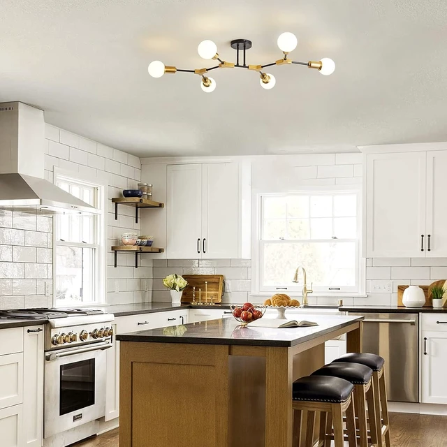 Alt view image 2 of 7 - Epinl Modern Chandelier Ceiling Light Fixture 35" Sputnik Chandeliers 6-Lights Black and Gold Chandelier Over Table, Mid Century Lighting Fixture for Dining Room Kitchen Living Room
