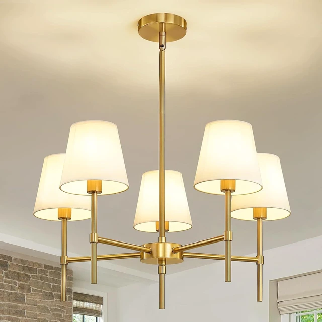 Main image of RUIYEY Dining Room Chandeliers Light - 5-Light Gold Modern Chandeliers Light Fixtures with White Fabric Shade, Height Adjustable Pendant Island Light for Entryway Farmhouse