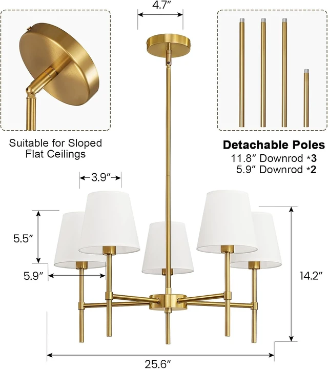 Alt view image 2 of 7 - RUIYEY Dining Room Chandeliers Light - 5-Light Gold Modern Chandeliers Light Fixtures with White Fabric Shade, Height Adjustable Pendant Island Light for Entryway Farmhouse