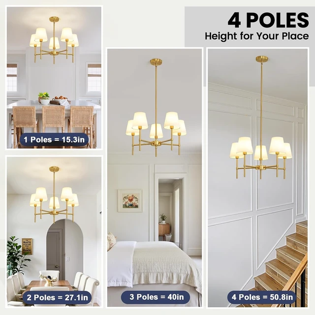 Alt view image 3 of 7 - RUIYEY Dining Room Chandeliers Light - 5-Light Gold Modern Chandeliers Light Fixtures with White Fabric Shade, Height Adjustable Pendant Island Light for Entryway Farmhouse