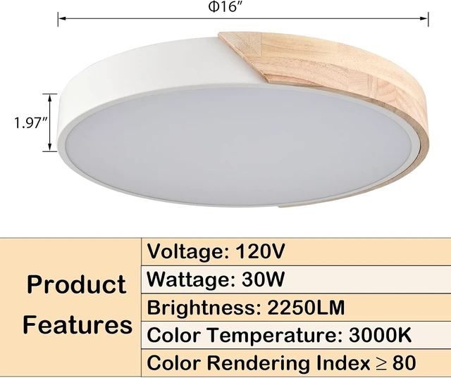 Alt view image 6 of 7 - Modern LED Ceiling Light 16" Wood Flush Mount Light Fixture 4000K
